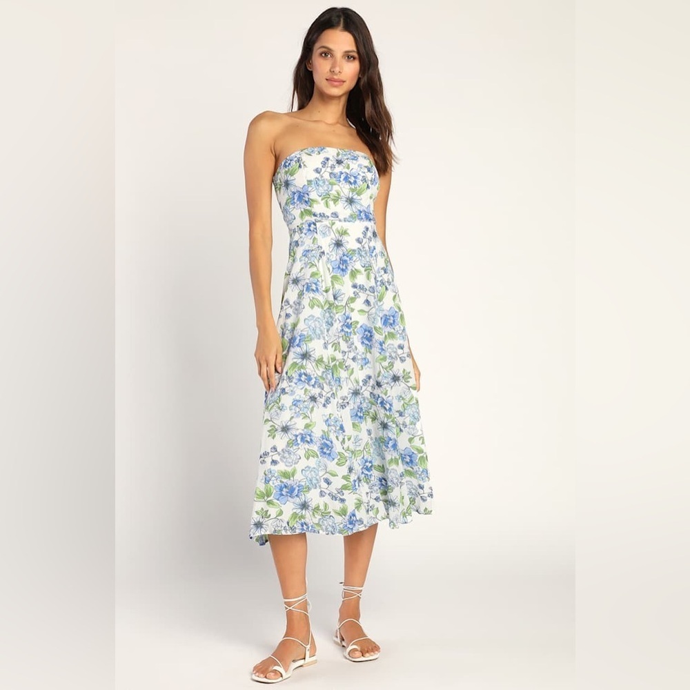 *LULUS* Blue x White Strapless Sunday Lovin’ Flared Floral Midi Dress NWT Sz XL